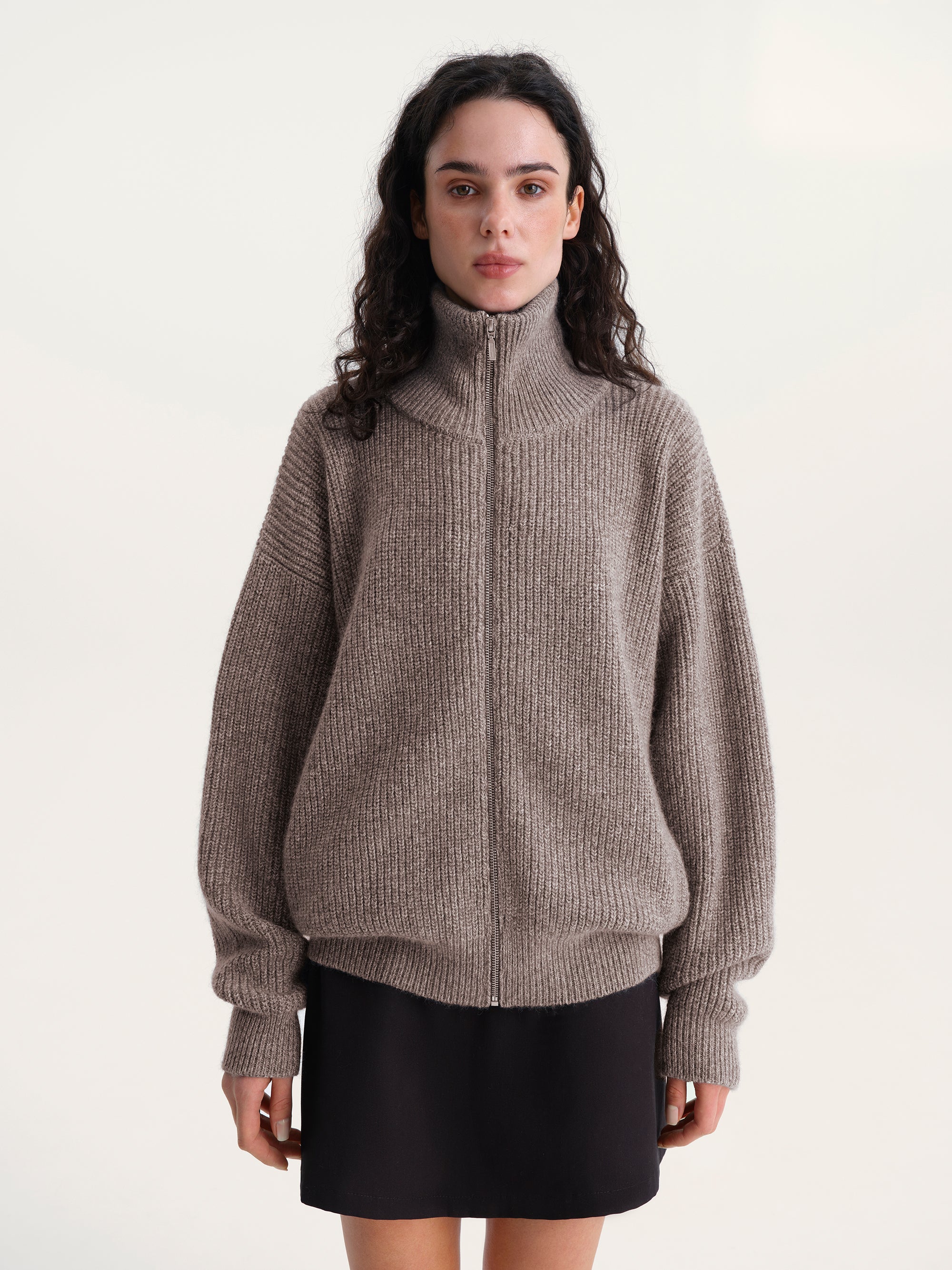 Full-Zip Knit Sweater in Brown