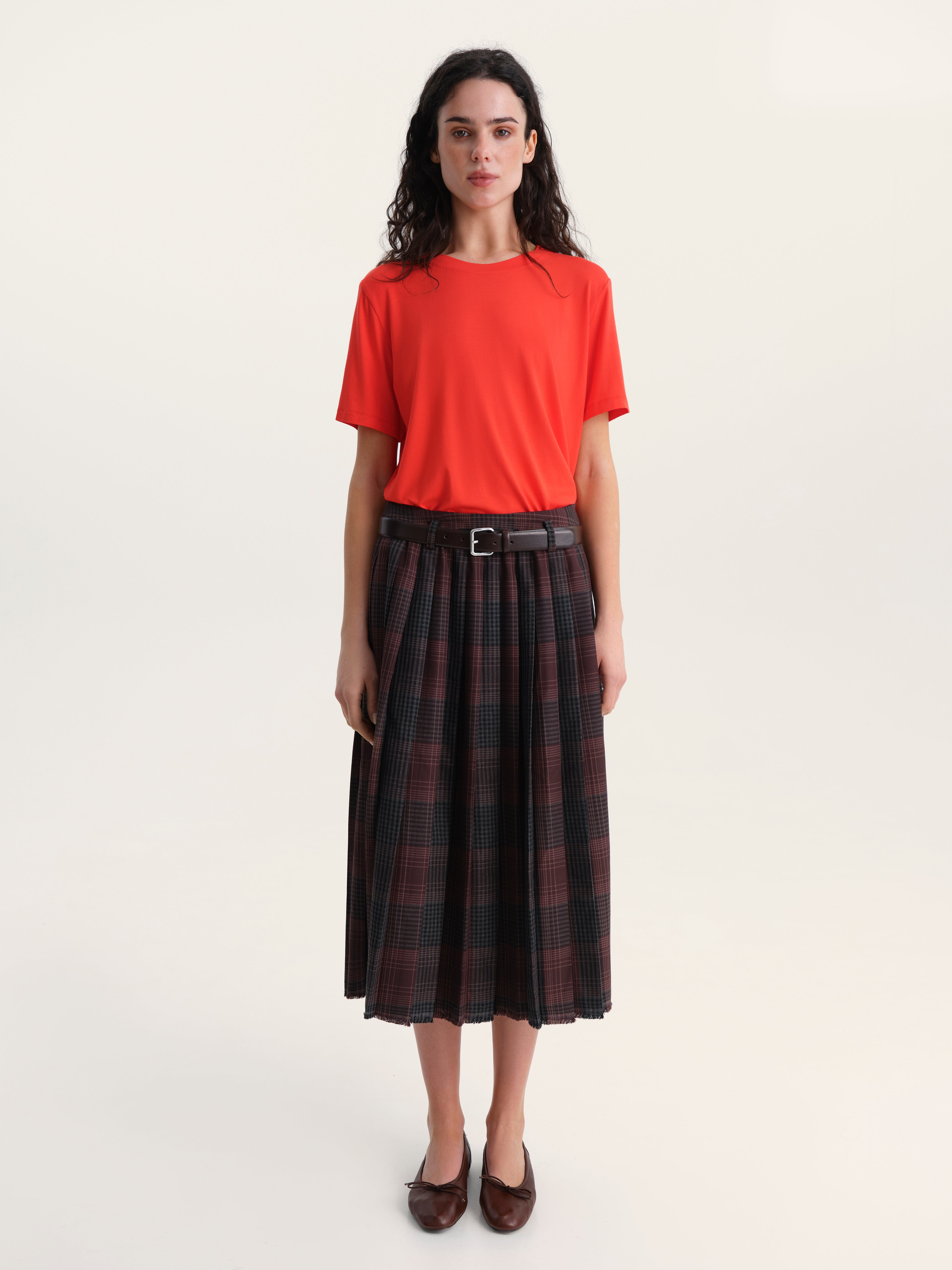 Pleated Check Midi Skirt