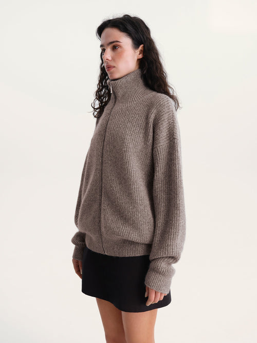 Full-Zip Knit Sweater in Brown