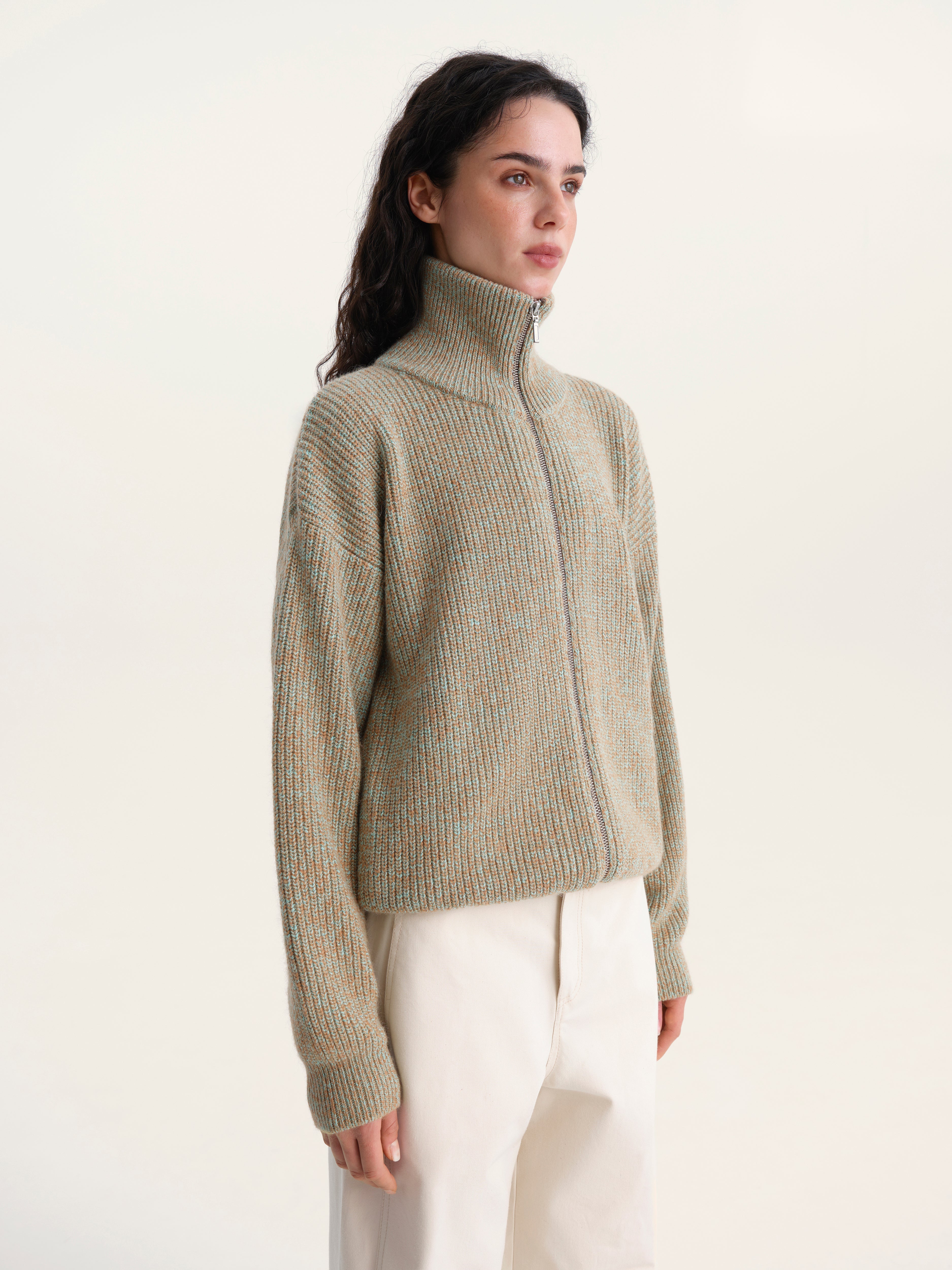 Full-Zip Knit Sweater in Olive