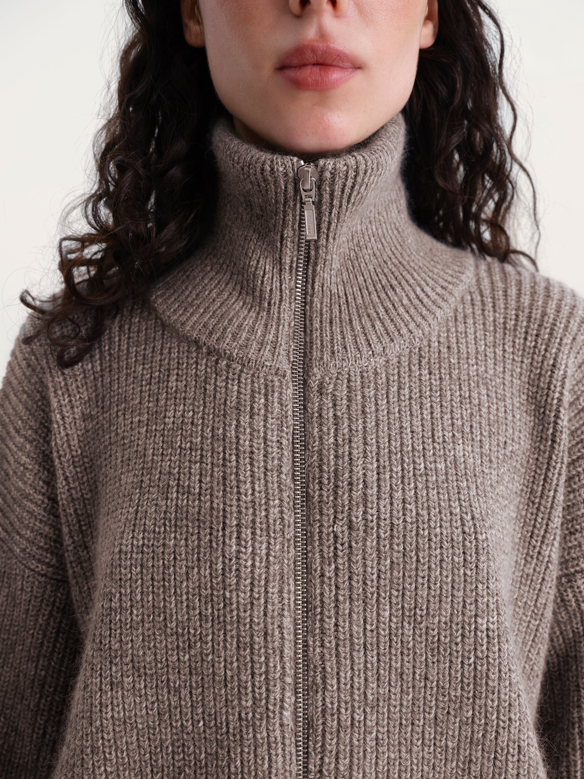 Full-Zip Knit Sweater in Brown